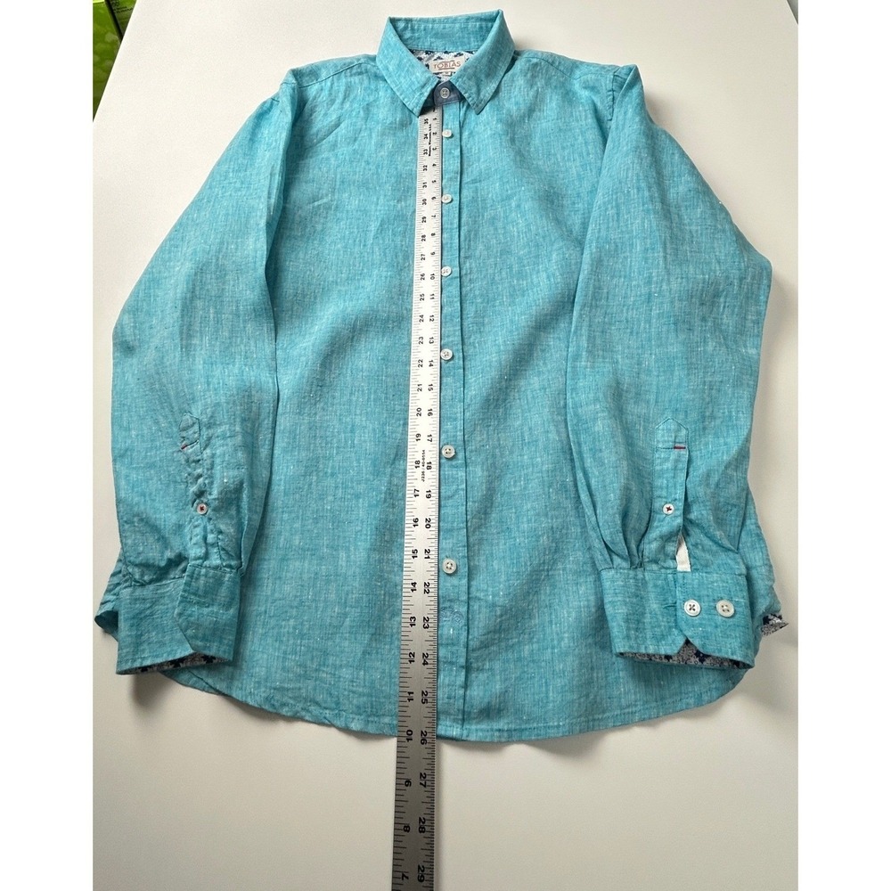Tobias Linen Button Down Shirt Mens Medium Turquoise Long Sleeve Casual Vacation - Picture 8 of 16